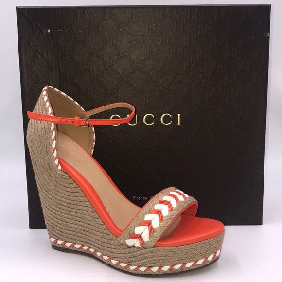 Gucci Shoes - GUCCI Espadrils Orange/White Raffia Braids Wedges